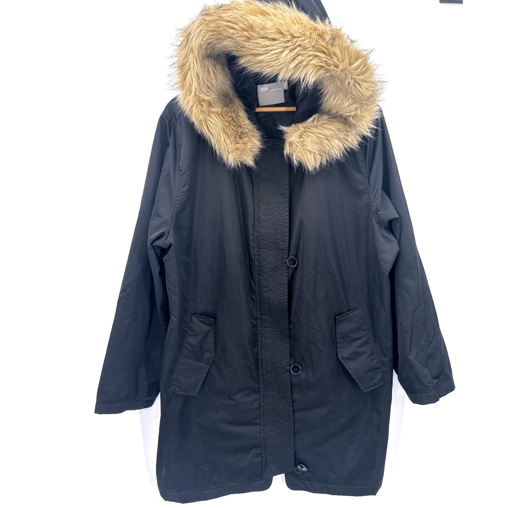 ASOS Womens Parka Jacket Size 14 Black Faux Fur Hood Longline Coat